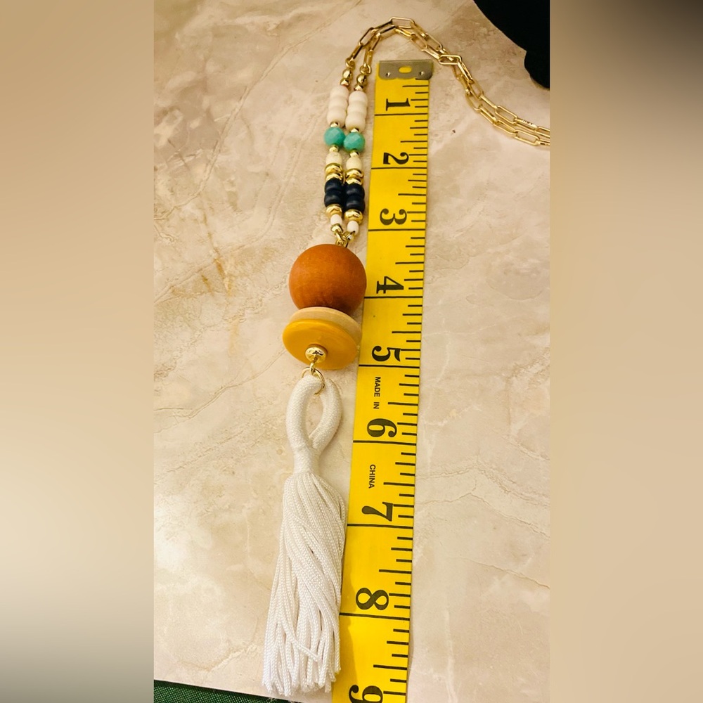 Ann Taylor Factory wood pendant with long tassel on a beaded paper clip chain. - Picture 4 of 6